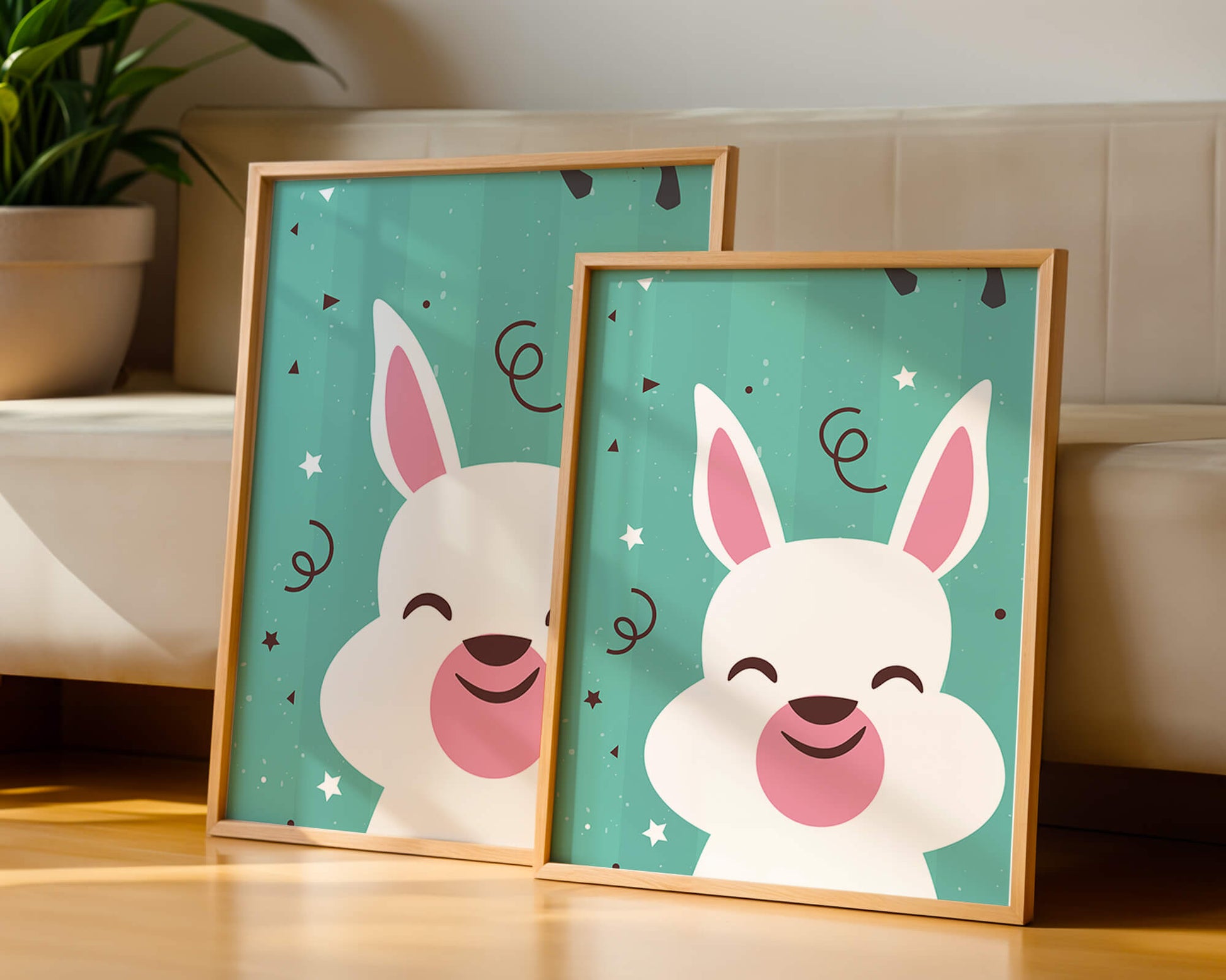Adorable cartoon bunny on teal background with playful elements
