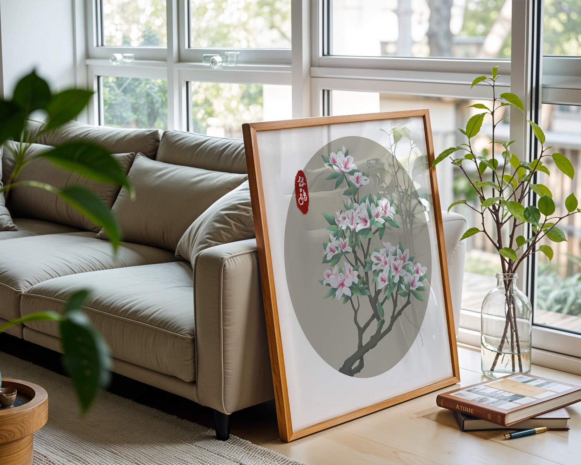 Obra floral delicada con magnolias en flor en estilo oriental