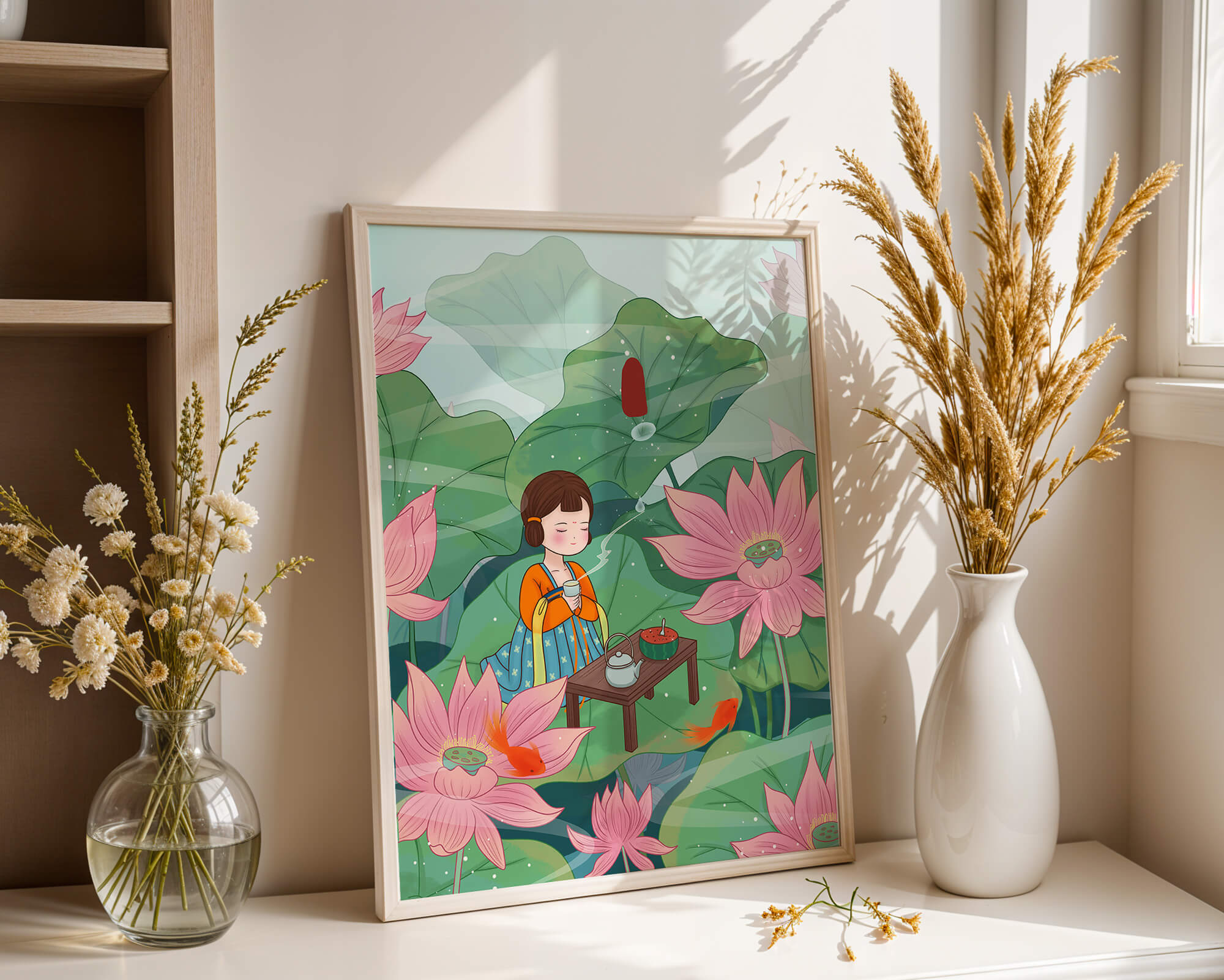 Serene illustration of a girl enjoying tea among lotus flowers