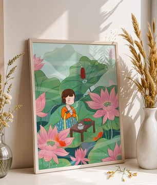 Serene illustration of a girl enjoying tea among lotus flowers