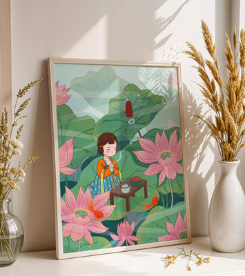 Serene illustration of a girl enjoying tea among lotus flowers