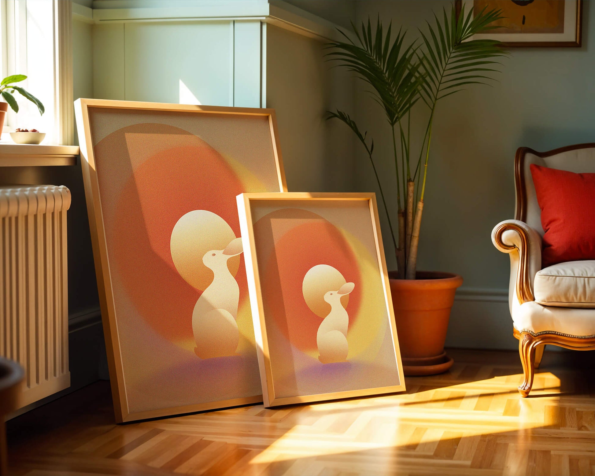 Majestic White Rabbit with Sun and Abstract Circles