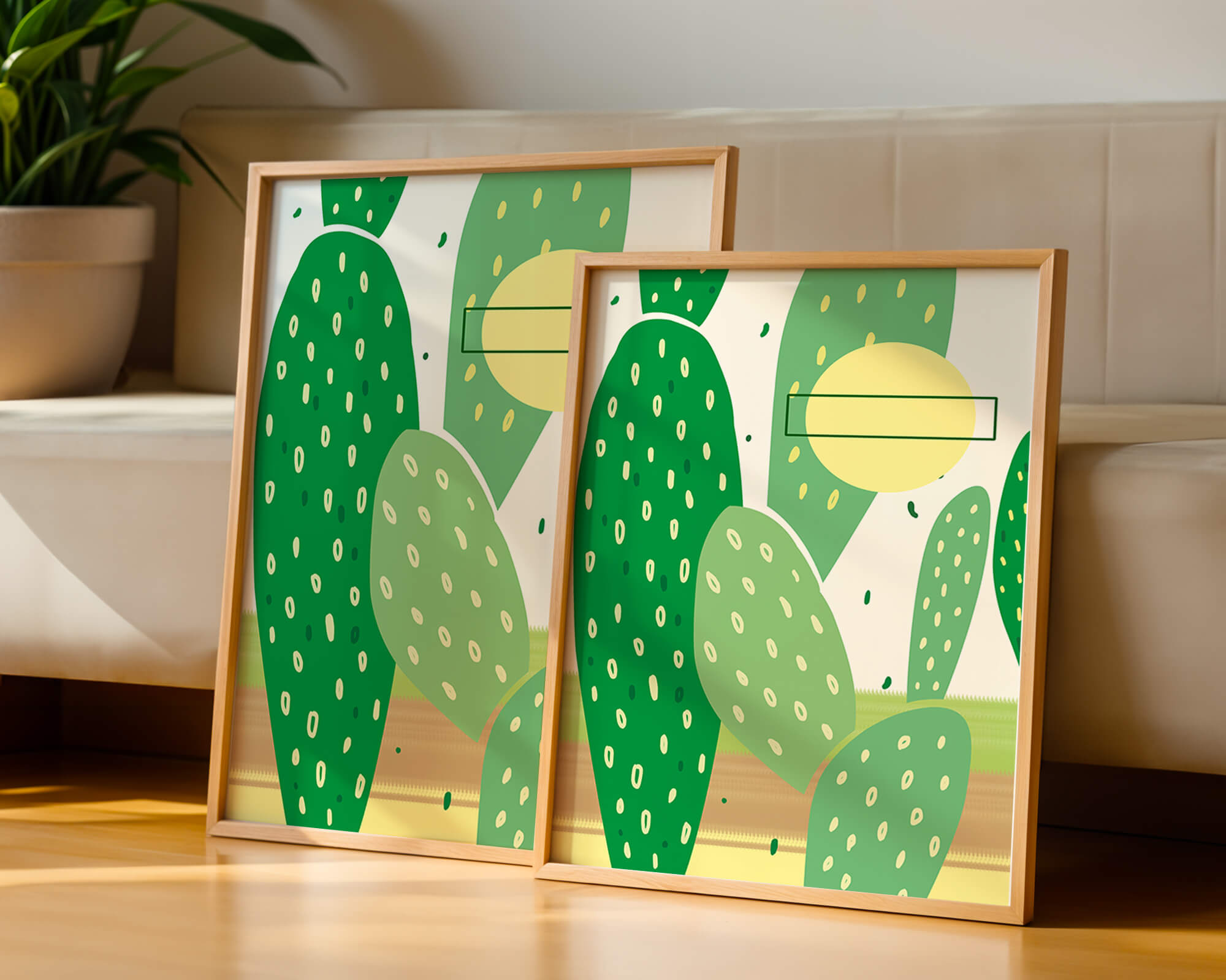 Abstract cactus art with green and yellow elements