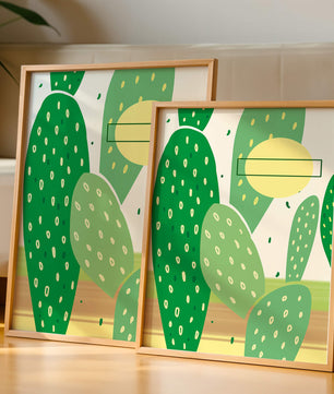 Art abstrait de cactus avec des éléments verts et jaunes