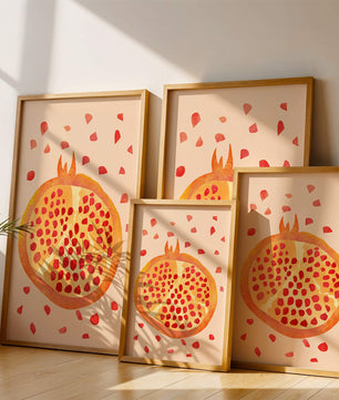 Ilustración abstracta colorida de granada con semillas esparcidas