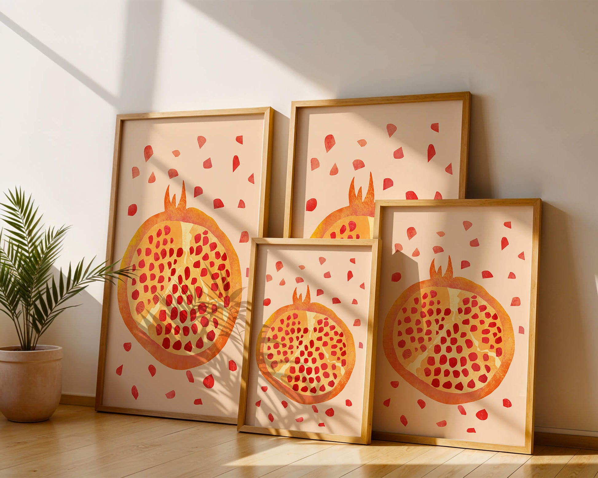 Colorful abstract pomegranate illustration with scattered seeds