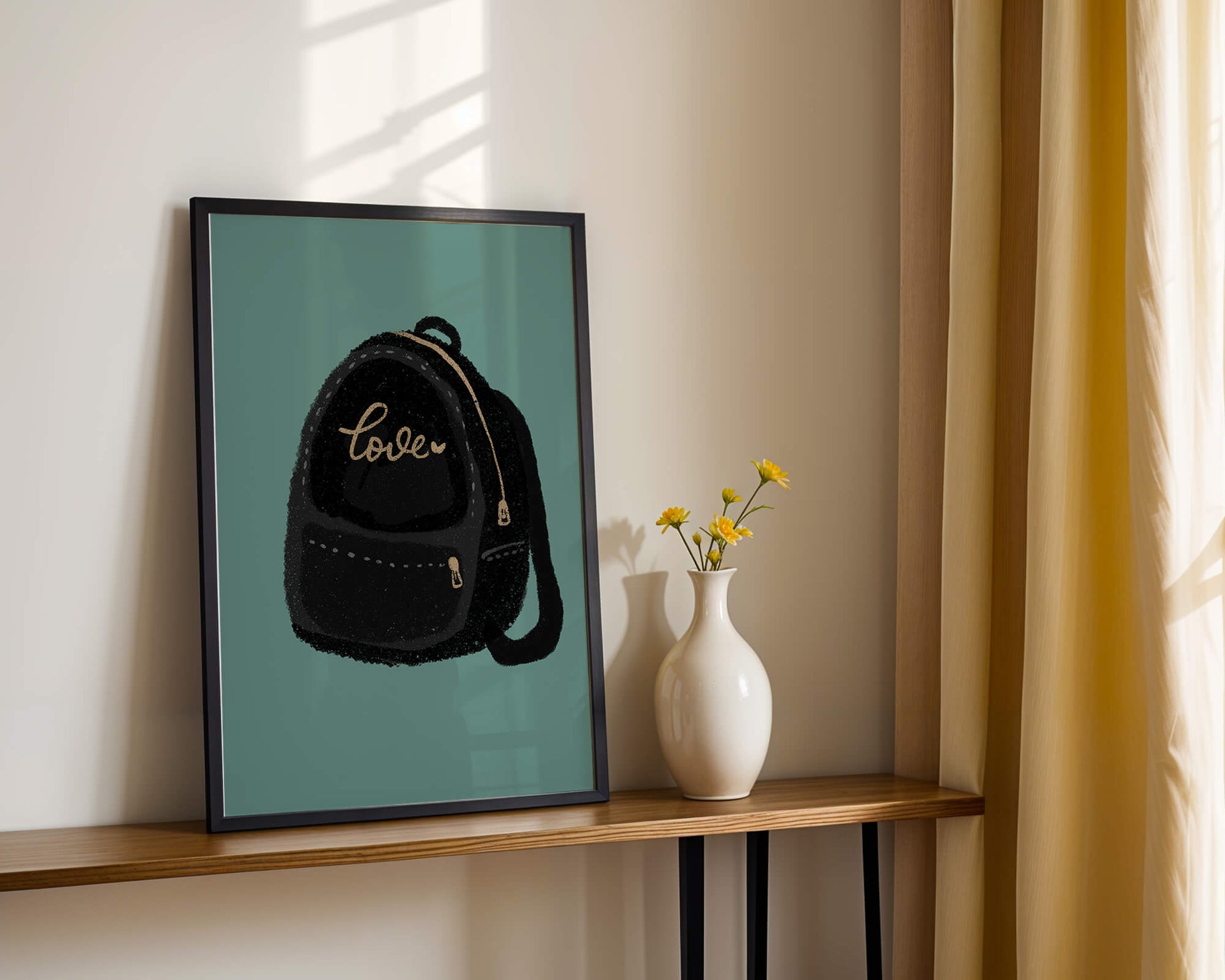 Elegant black backpack with gold accents and love inscription
