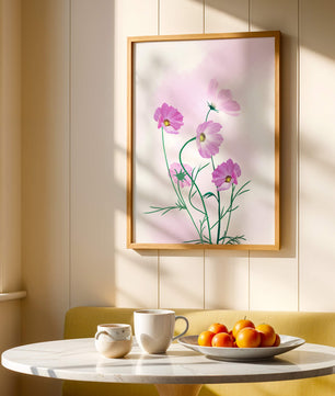 Ilustración digital de flores de cosmos rosadas sobre un fondo pastel suave
