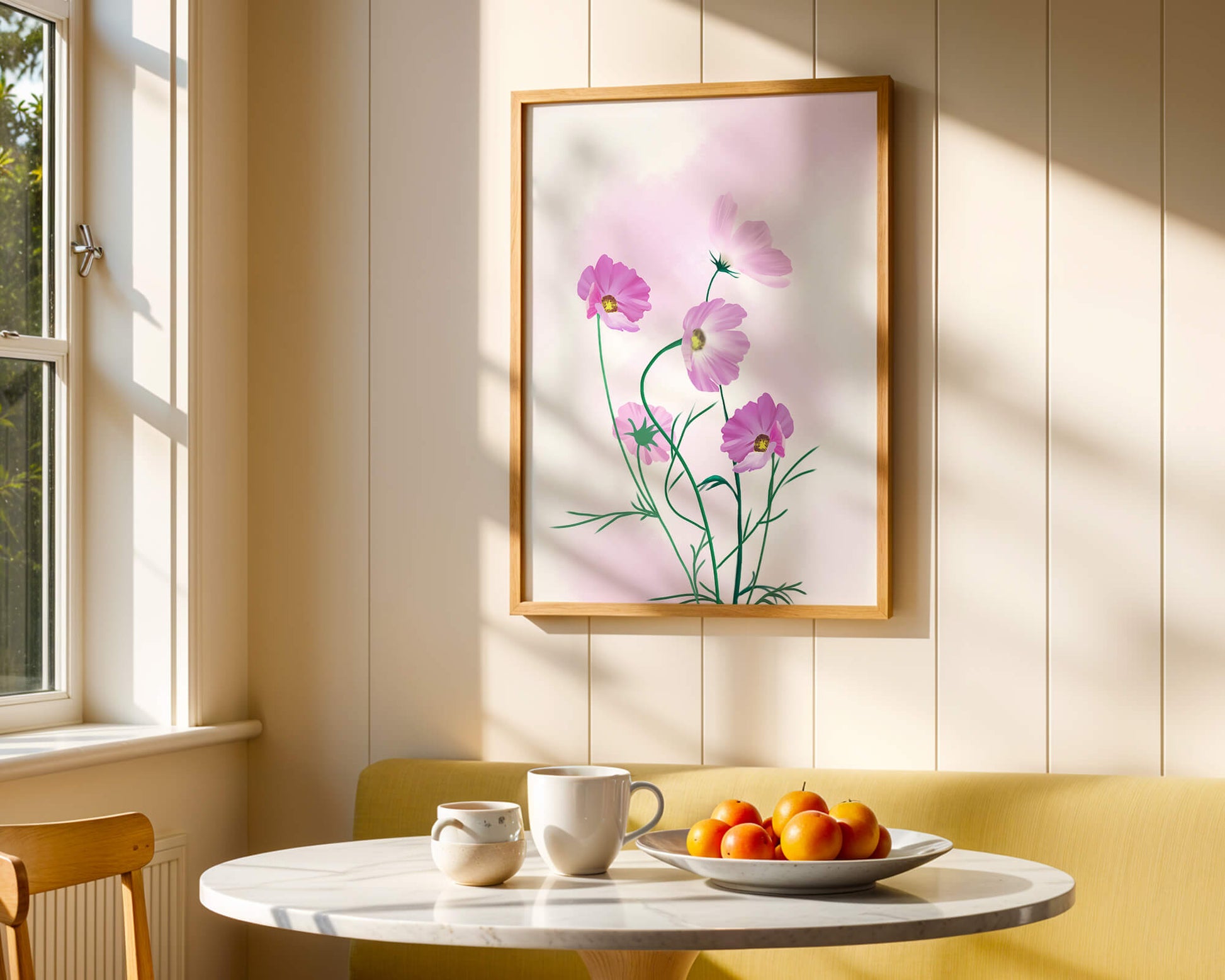 Digital illustration of pink cosmos flowers against a soft pastel background