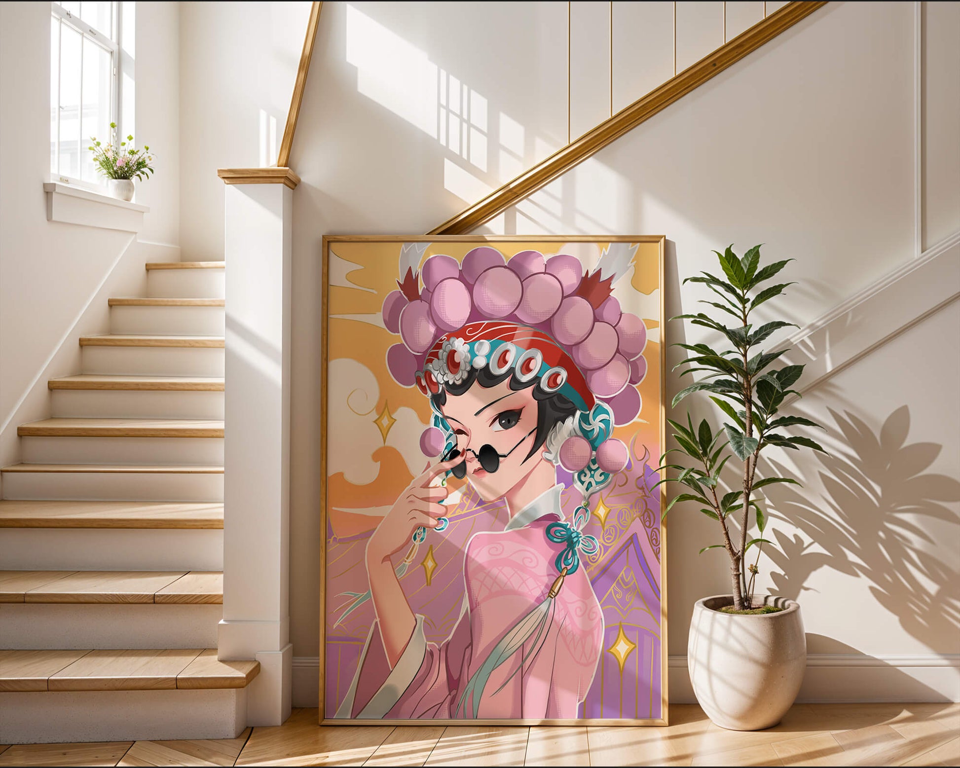 Elegant anime character in traditional attire with golden accents