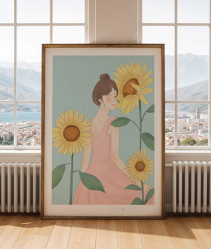 Ilustración de una mujer en un vestido rosa con girasoles