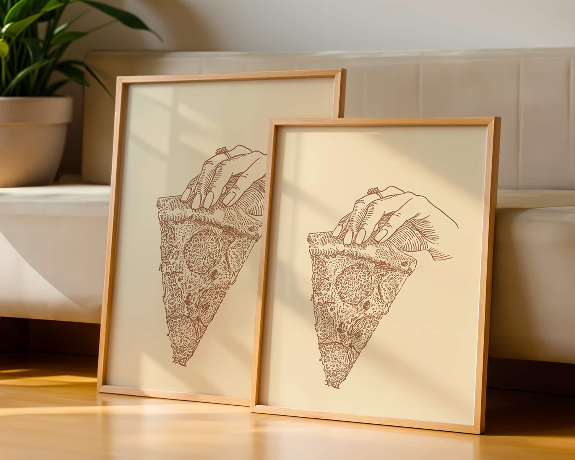 Hand holding a detailed vintage pizza slice illustration