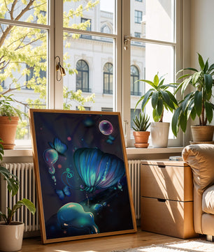 Illuminated Blue Butterflies with Glowing Bubbles in Enchanted Darkness