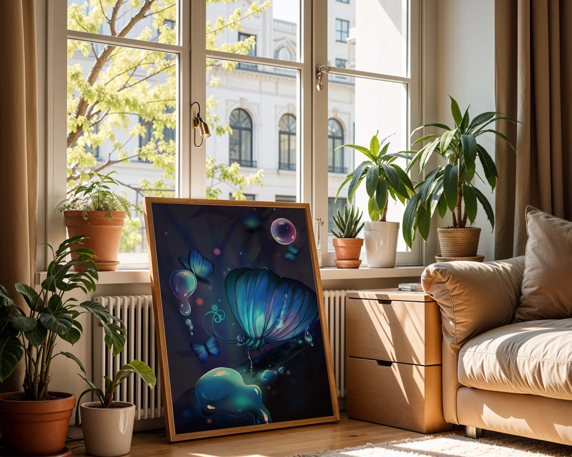 Illuminated Blue Butterflies with Glowing Bubbles in Enchanted Darkness