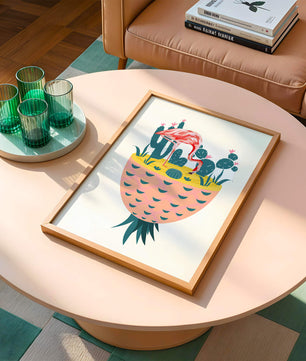 Ilustración de flamenco con cactus en jarrón de piña