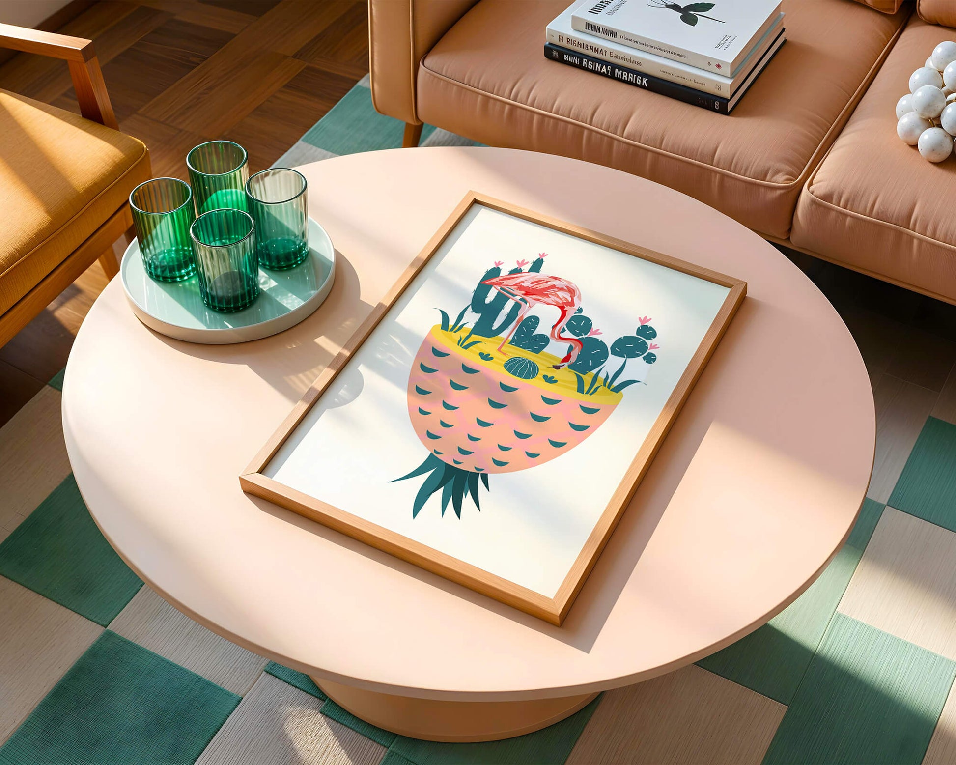 Ilustración de flamenco con cactus en jarrón de piña