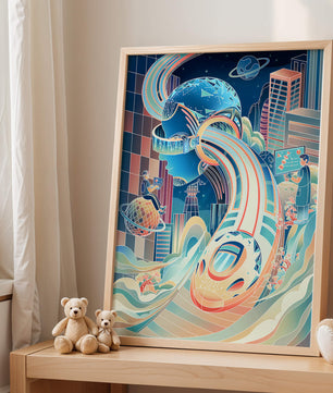 Futuristische Illustration mit VR-Thema und technologischen Elementen