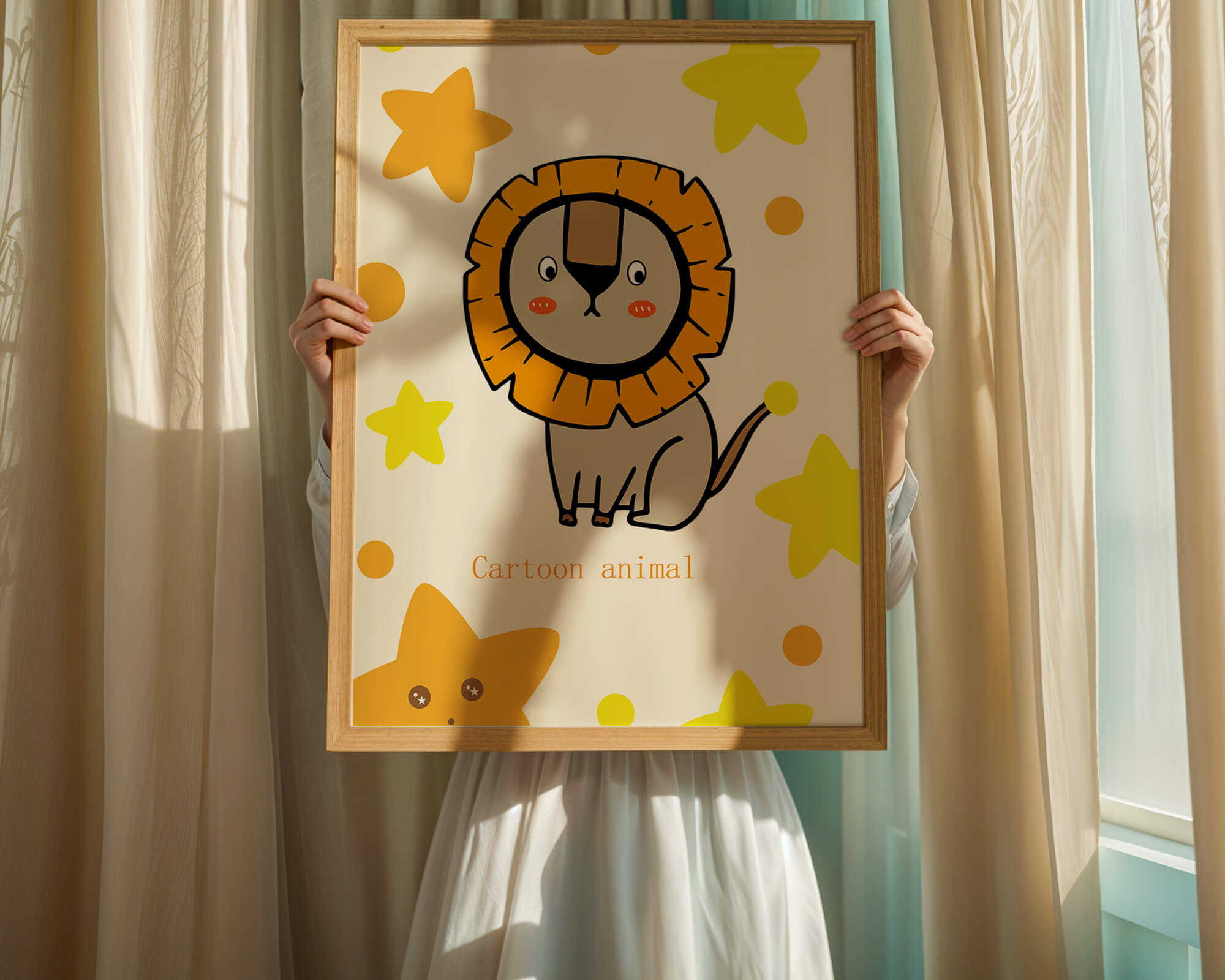 Cute cartoon lion illustration with stars for children's room