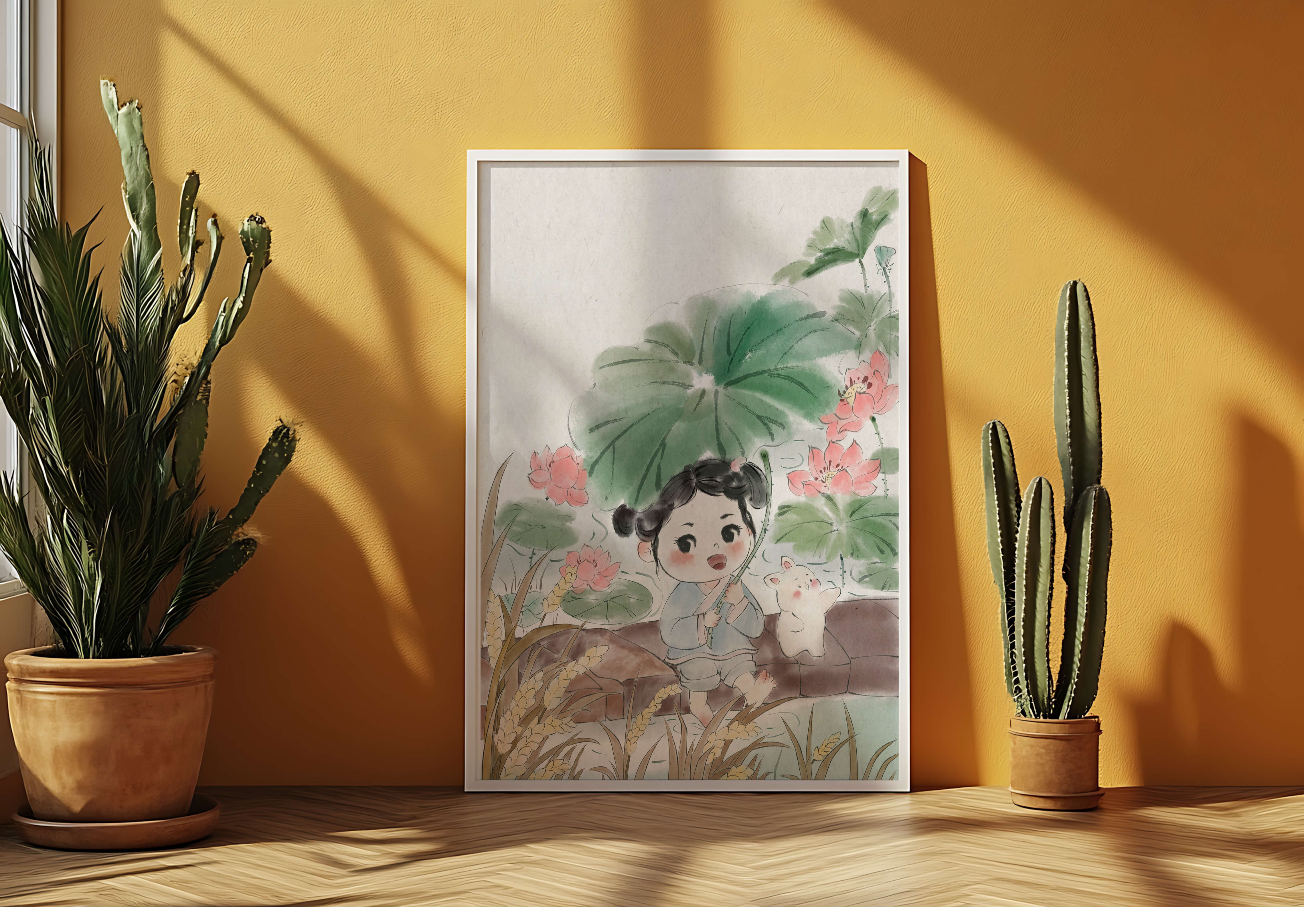 Charming illustration of a child with flowers and a bunny by the water