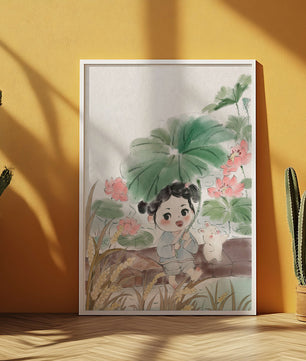 Charming illustration of a child with flowers and a bunny by the water
