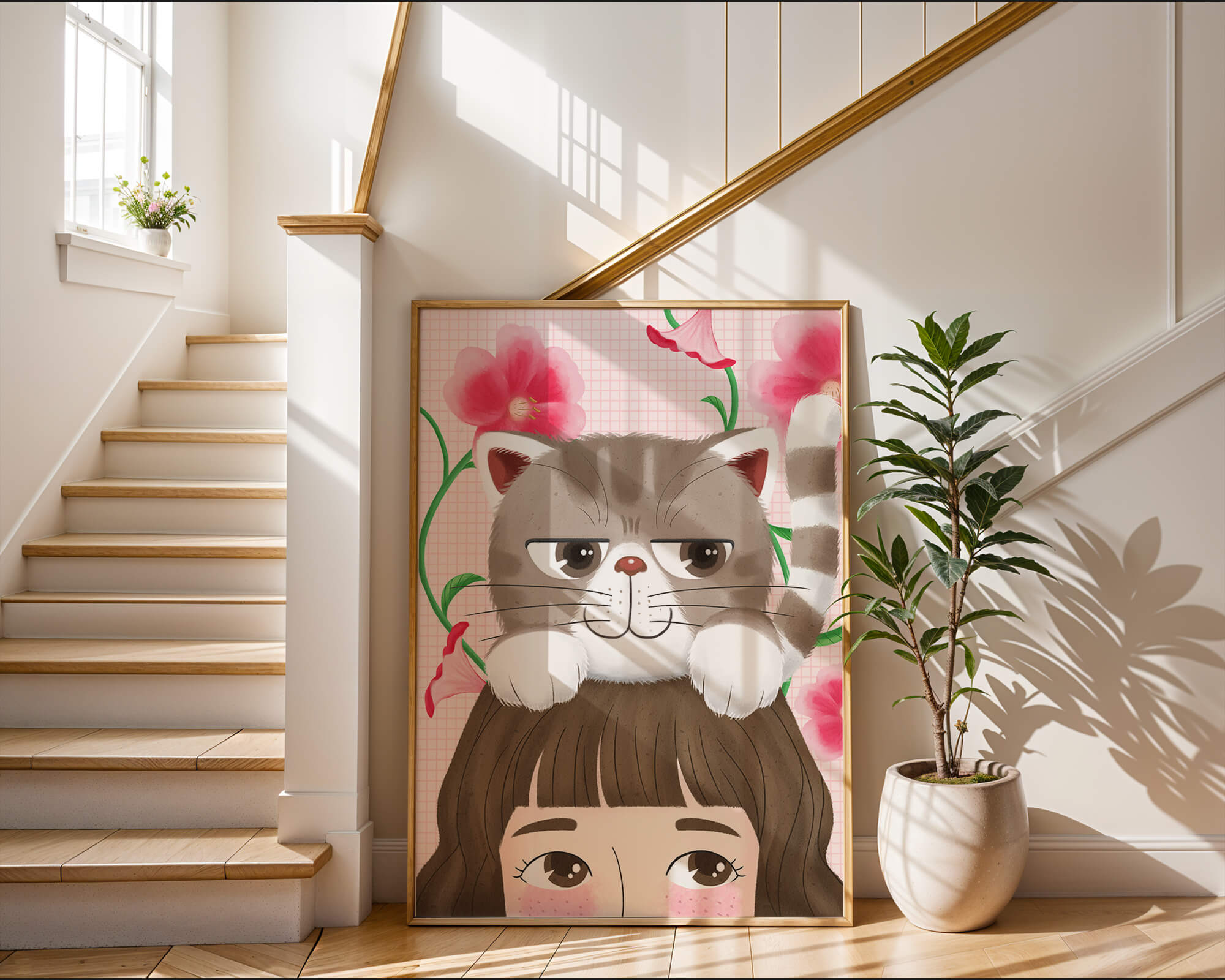 Illustration of a cat sitting on a person's head with pink flowers