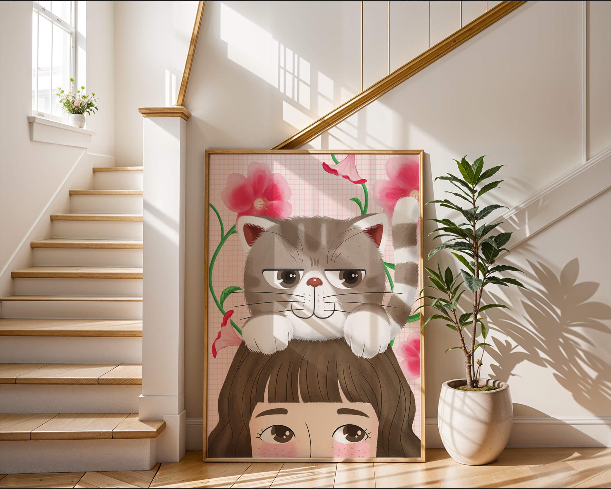 Illustration of a cat sitting on a person's head with pink flowers