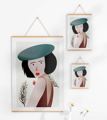 Woman with Blue Hat and Flower in Modern Art Style