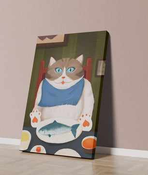 Ilustración de un gato comiendo con pescado y babero azul