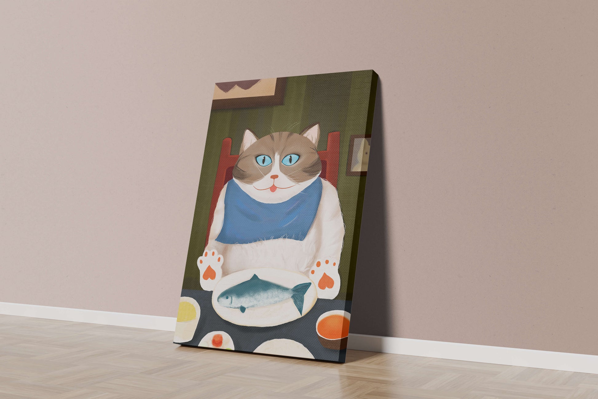 Ilustración de un gato comiendo con pescado y babero azul