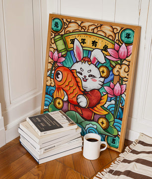 Festive rabbit holding golden fish with lotus flowers and waves in a traditional design