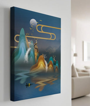 Paisaje abstracto con ciervo dorado y montañas en capas en una serena escena nocturna