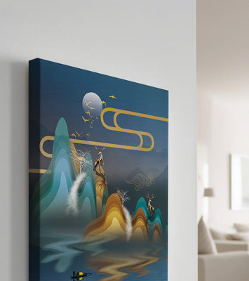 Abstract landscape with golden deer and layered mountains in serene night scene