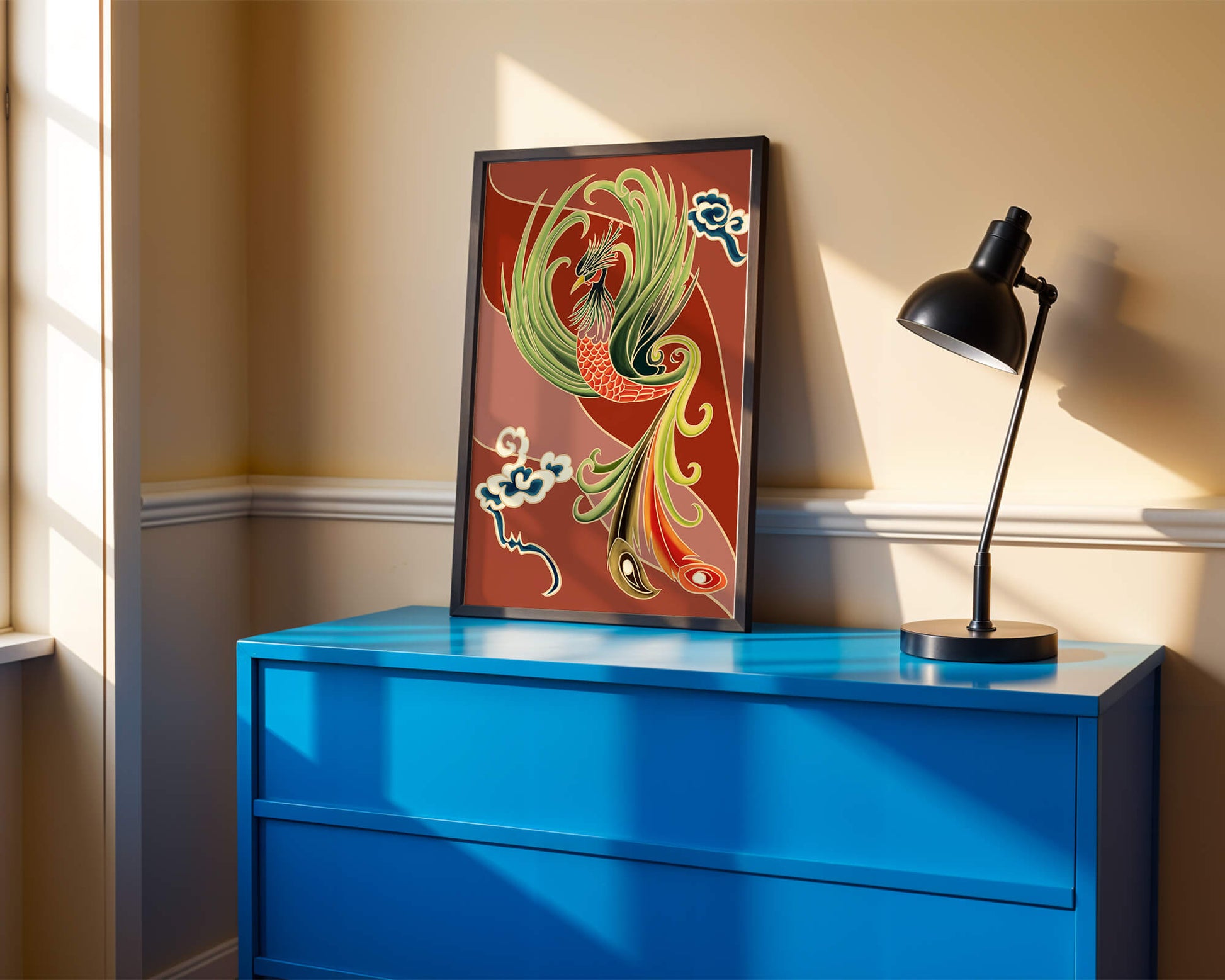 Stylized phoenix illustration with vibrant colors and clouds