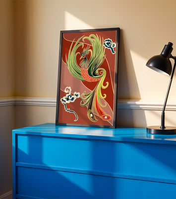 Stylized phoenix illustration with vibrant colors and clouds