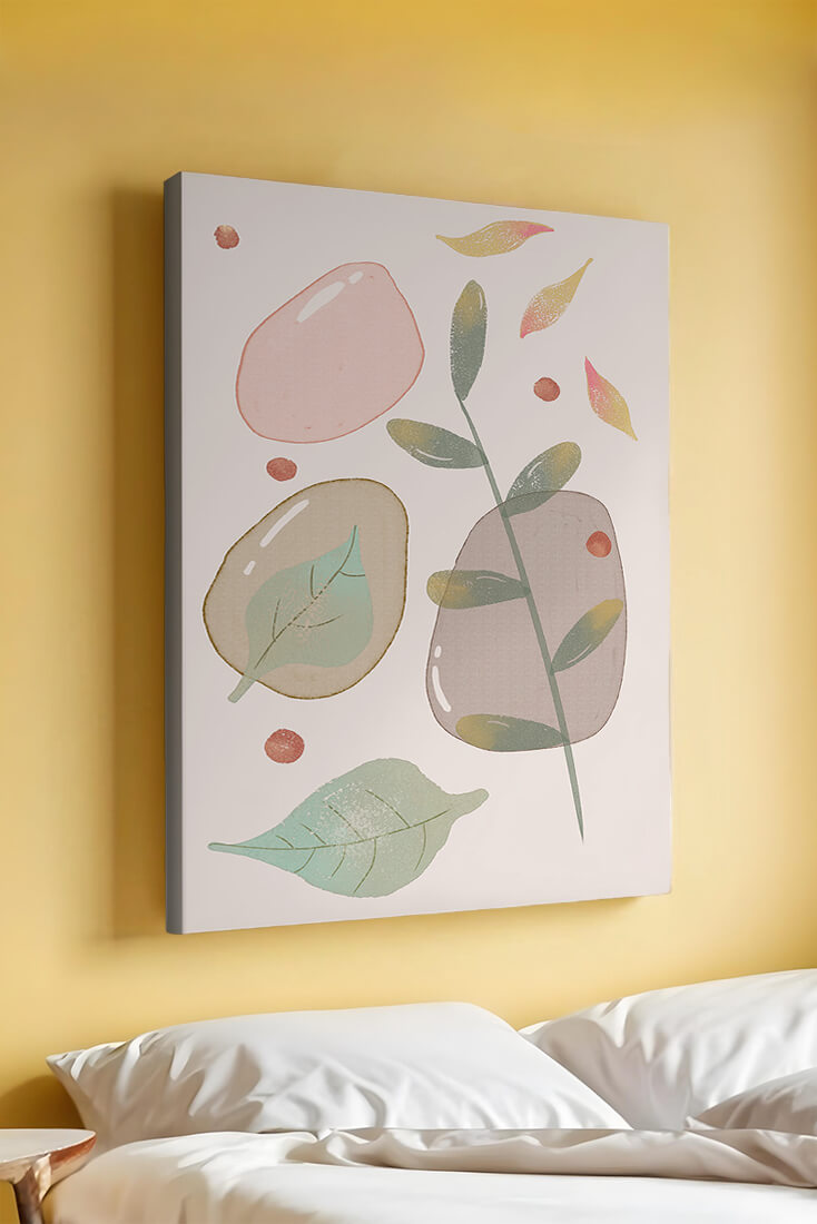 Abstract botanical illustration with pastel colored leaves and shapes