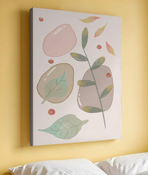 Abstract botanical illustration with pastel colored leaves and shapes