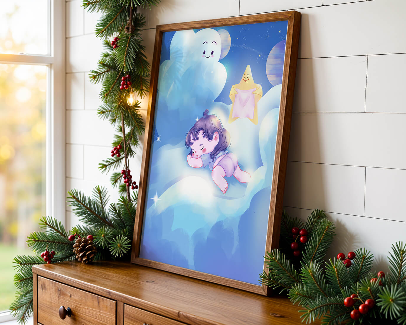 Dreamy illustration of sleeping child on clouds with smiling cloud and star