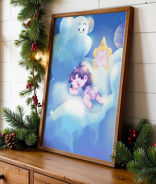 Dreamy illustration of sleeping child on clouds with smiling cloud and star