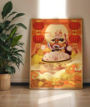 Charming festive fantasy illustration featuring lanterns and playful characters