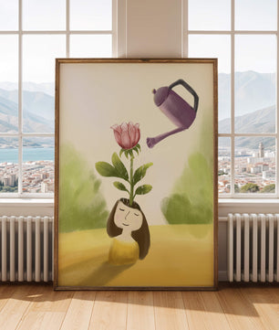 Ilustración de una chica con una flor creciendo de su cabeza siendo regada