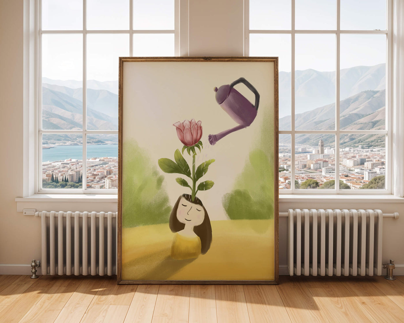 Illustration of a girl with a flower growing from her head being watered
