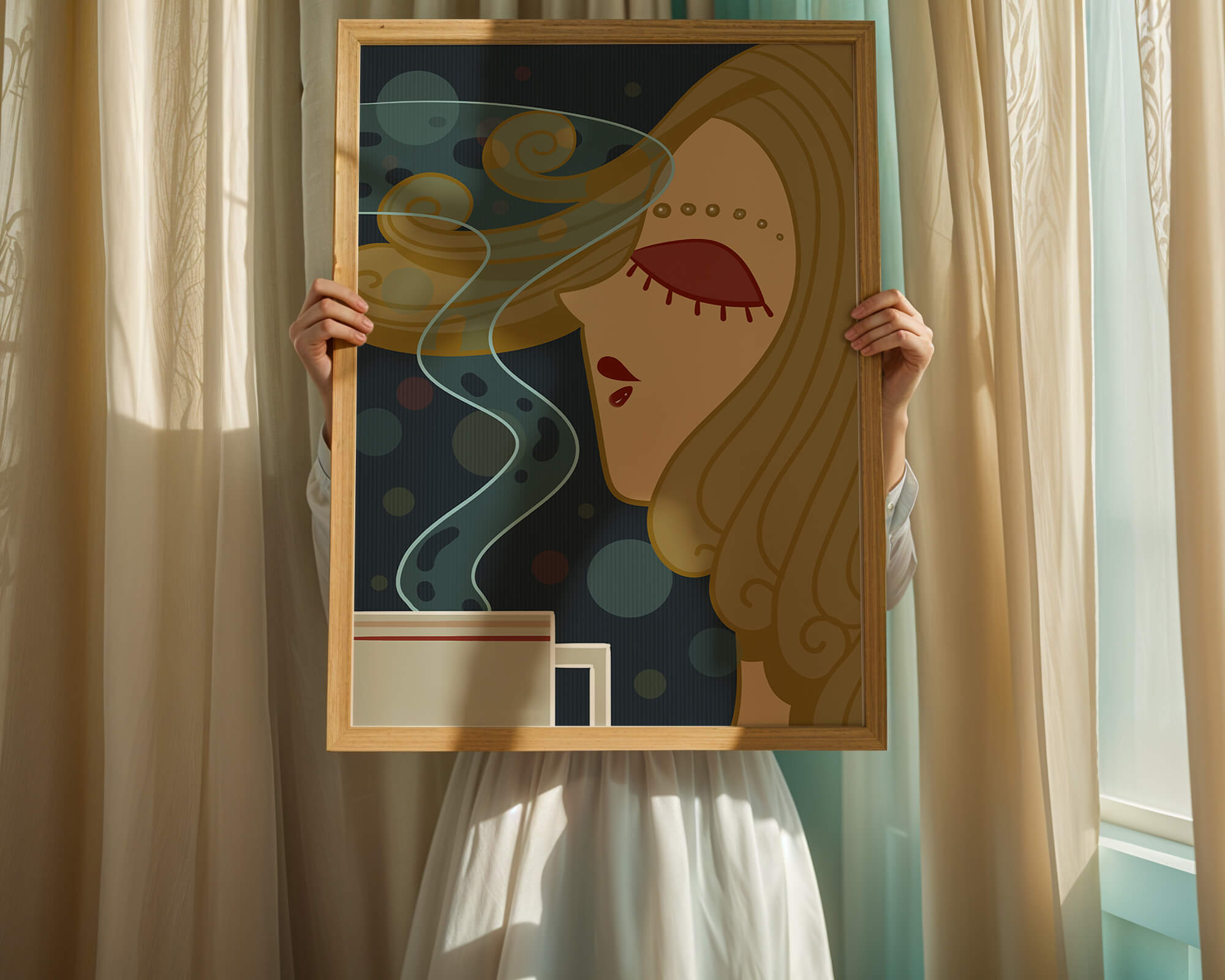 Stylized portrait of a woman with flowing hair and steaming coffee