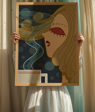 Stylized portrait of a woman with flowing hair and steaming coffee
