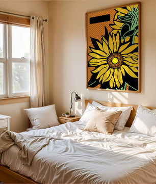 Colorful sunflower illustration with bold lines and dots