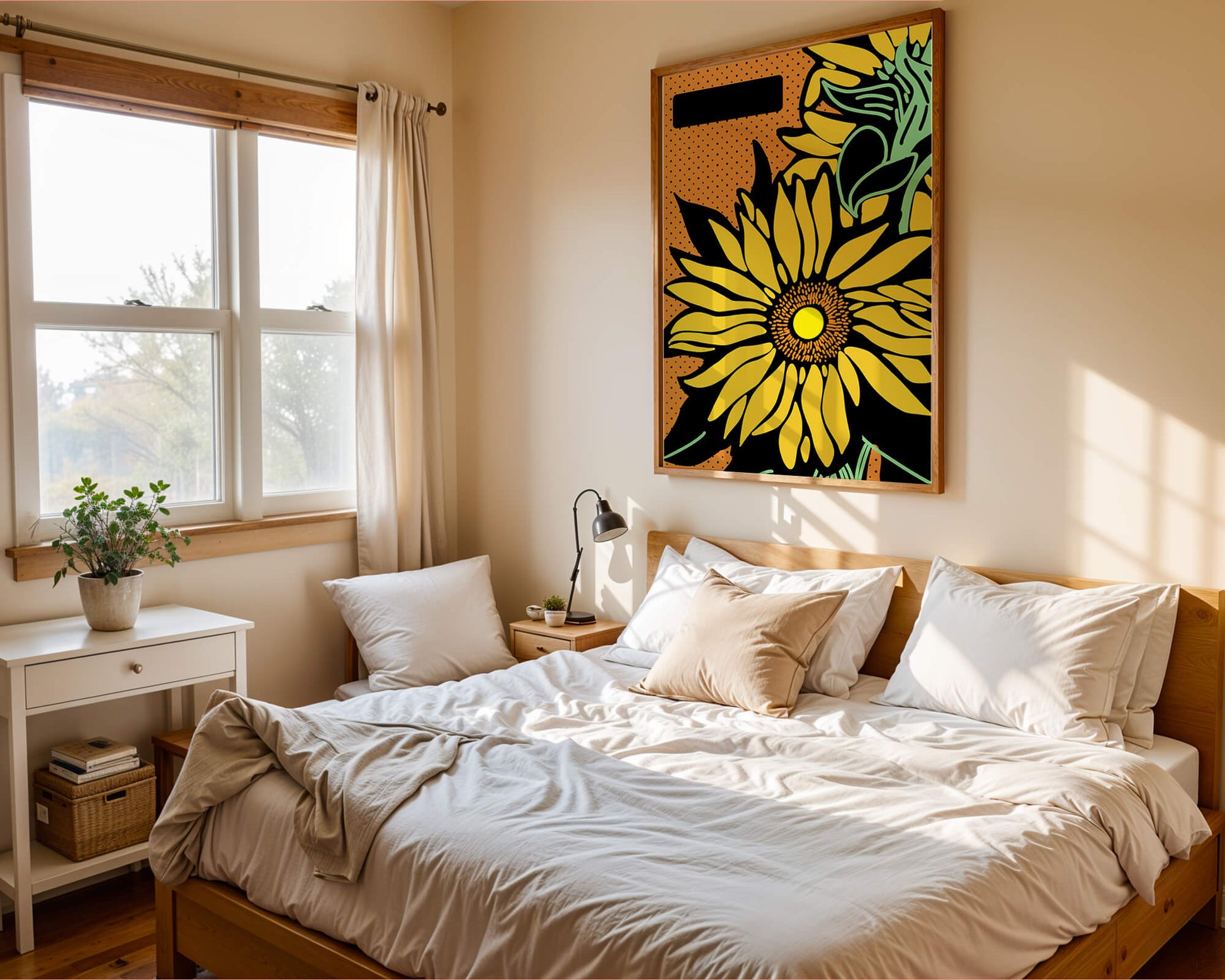 Colorful sunflower illustration with bold lines and dots