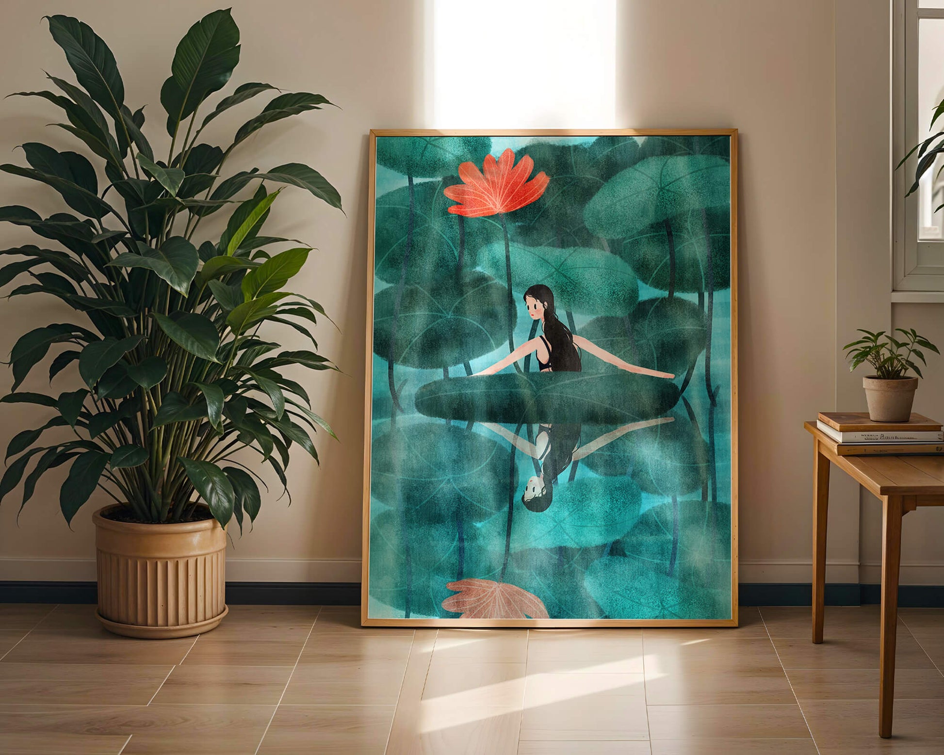 Woman Reflecting among Lotus Leaves and Flowers with a Mirror Image