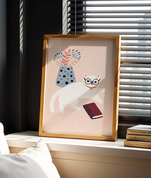 Illustration of playful cat with book and floral vase