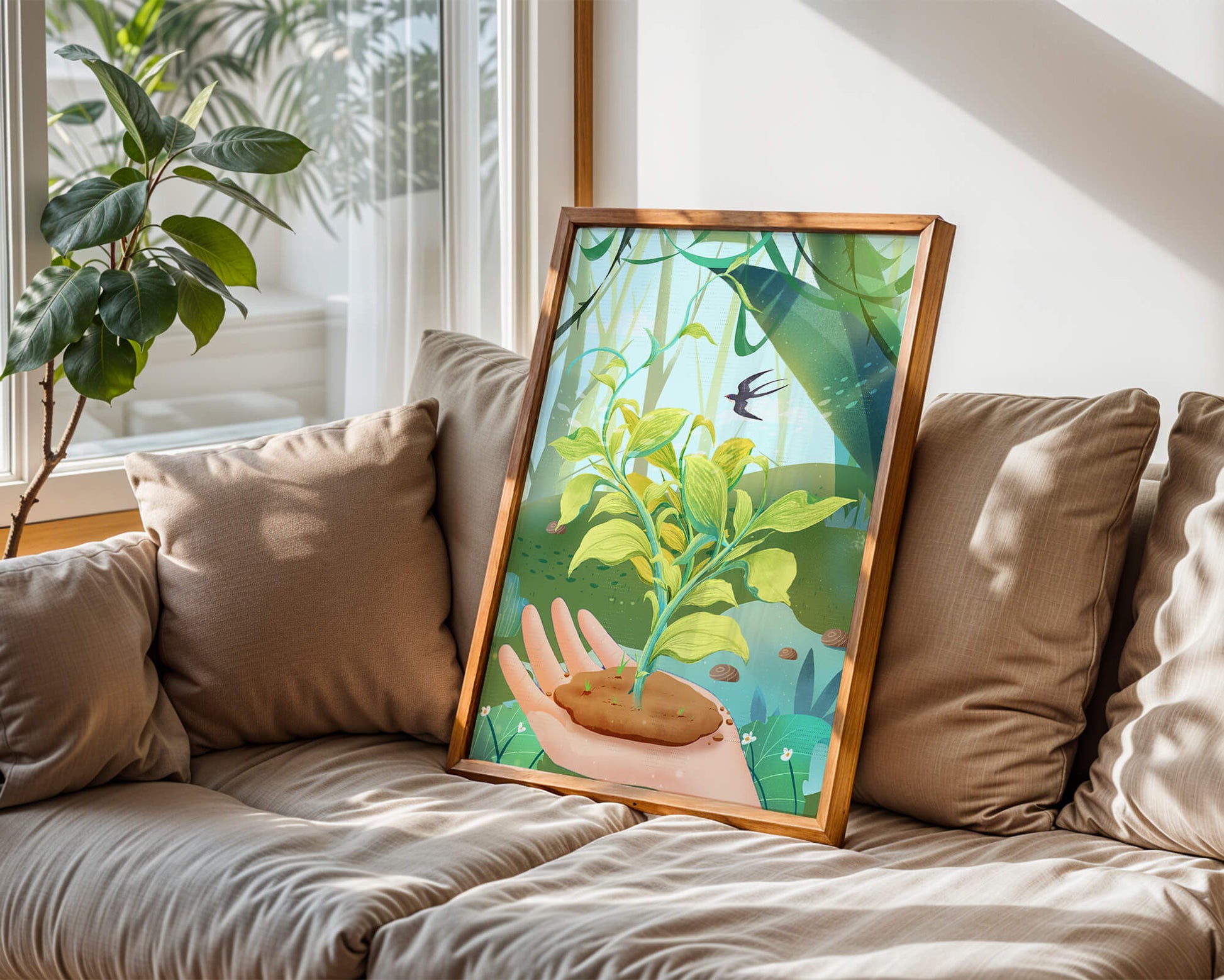 Hand hält eine wachsende Pflanze mit ruhigem Waldhintergrund und Vogel