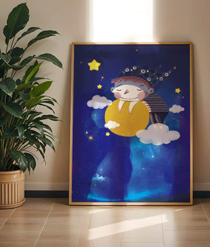 Scène nocturne onirique avec un enfant étreignant la lune