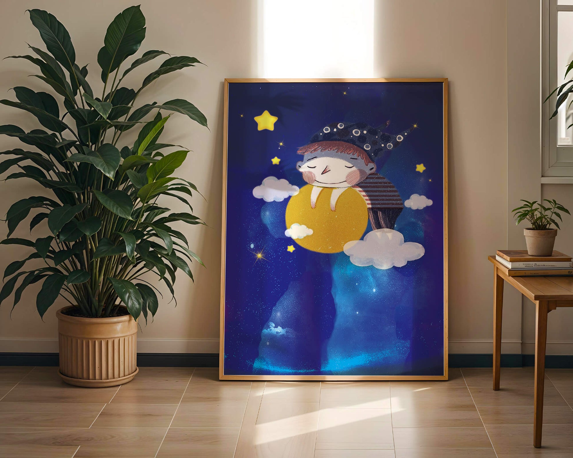 Dreamy Nighttime Scene with a Child Hugging the Moon